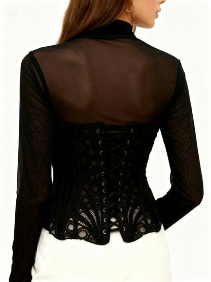 corset Habigail diseño elegante vista posterior de un corset negro con detalles de encaje y ajuste ceñido